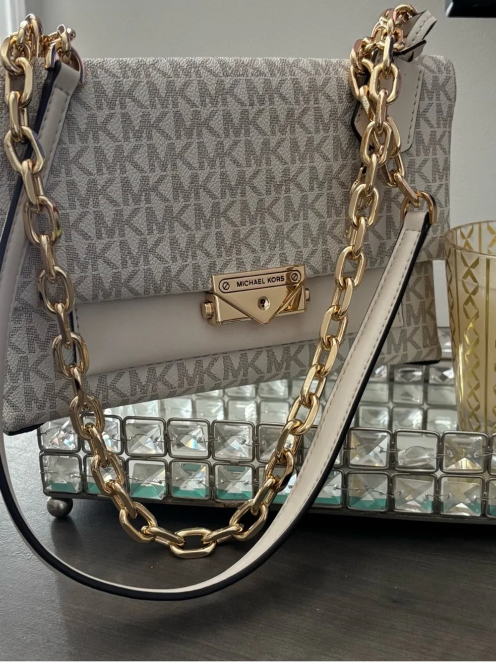 NWT Michael Kors Cream MK Logo Chain Medium Crossbody Bag - Picture 6 of 17